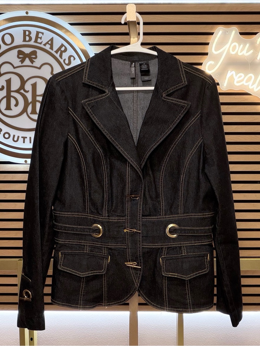 Bisou Bisou Dark Denim Blazer with Contrast Stitching and Buckle Accents